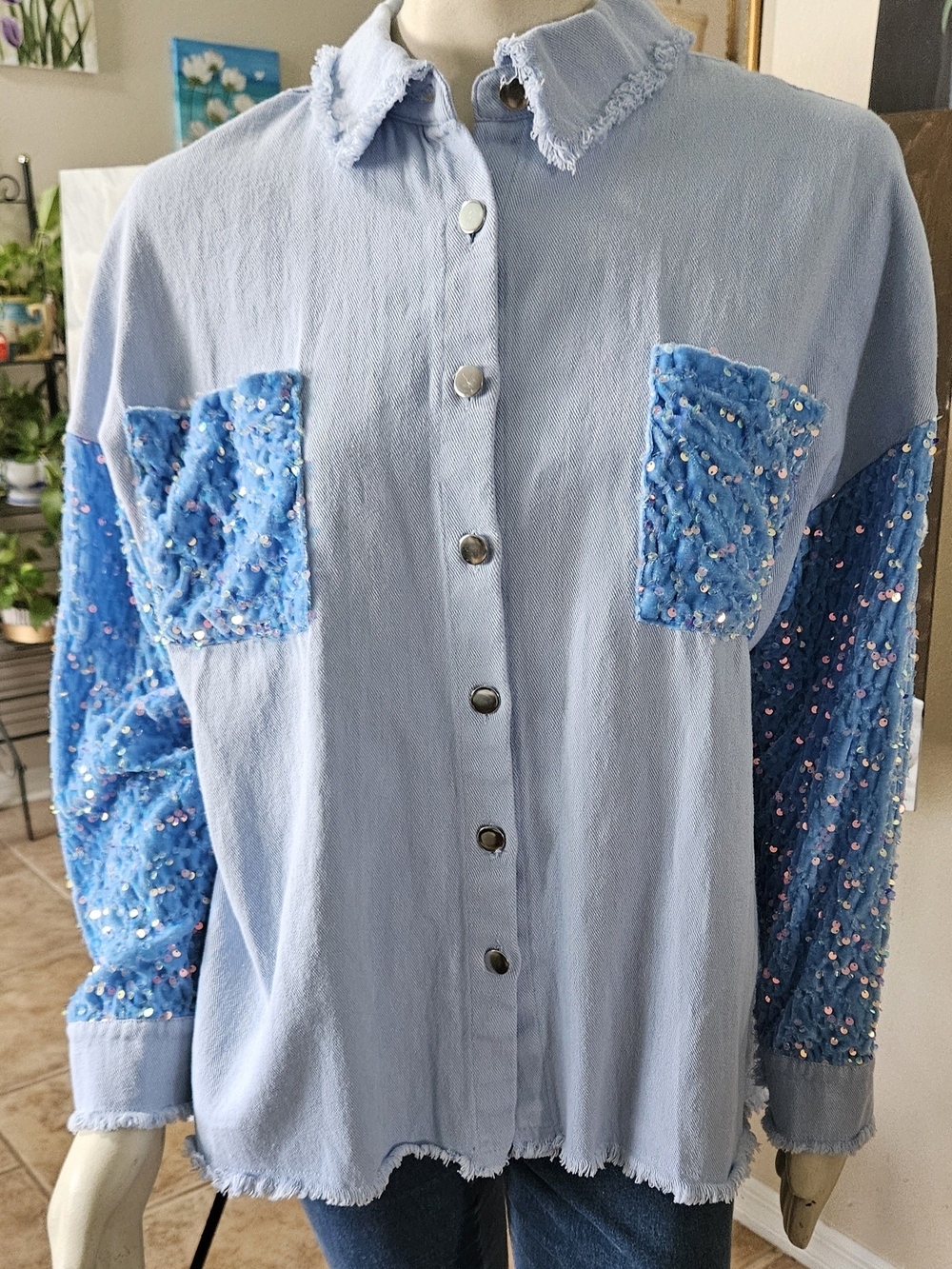 CHICME Sequined Long Sleeve Shirt/Shacket Light DENIM Blue  XXL